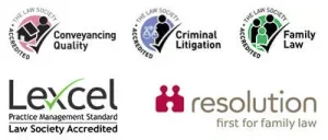 Accreditations logos including Lexcel, resolution, Family, Criminal and Conveyancing